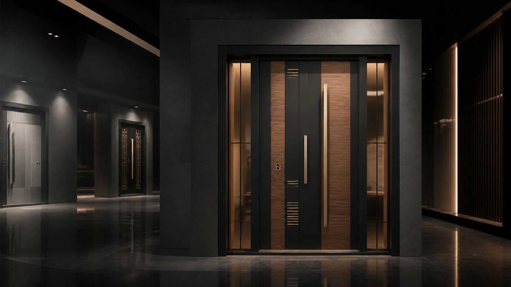 Linadoor katalog tasarımlarından ilham alan sinematik modern çelik kapı showroomu